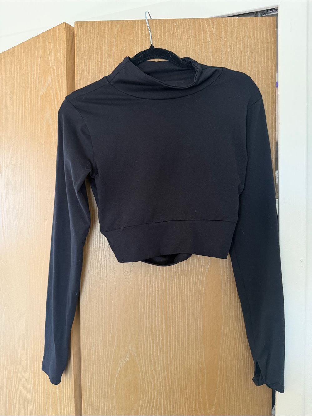 Black Cropped Long-Sleeve Turtleneck Top with back cut out